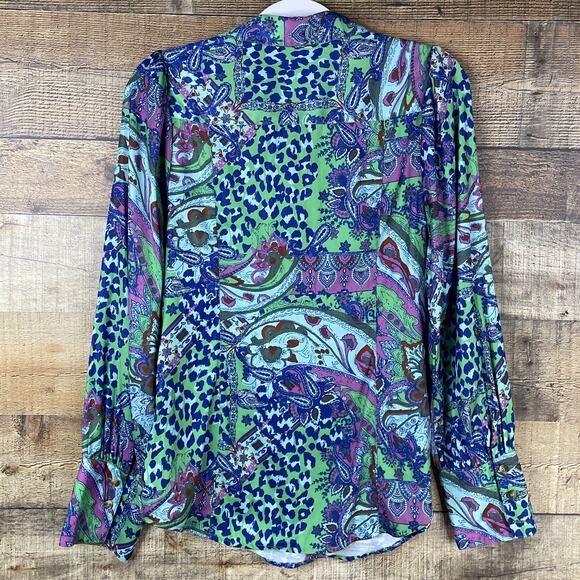 Free People Bianca Printed Blouse Long Sleeve Button Up Jade Combo Size Medium - Picture 7 of 11